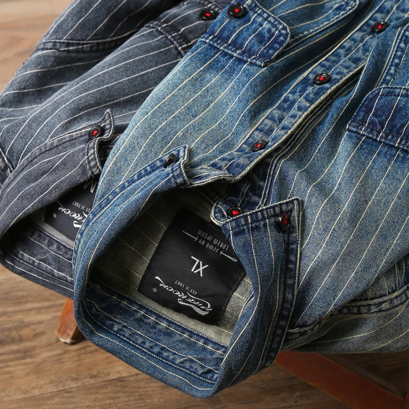Amekaji VIntage Denim Shirt Men Spring Autumn New Lapel Multi-pocket Blue Striped Long Sleeve Cargo Shirt  Casual Cardigan Tops Street King Limited