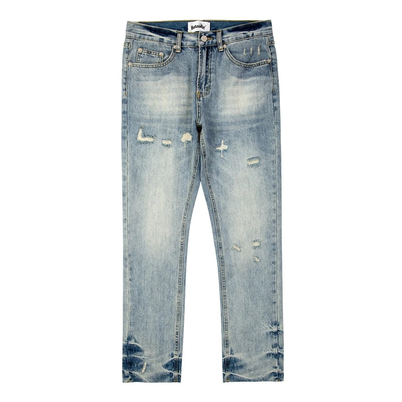 ripped hole distressed black blue washed mens jeans straight casual baggy pockets pencil pants streetwear loose denim trousers ripped baggy denim