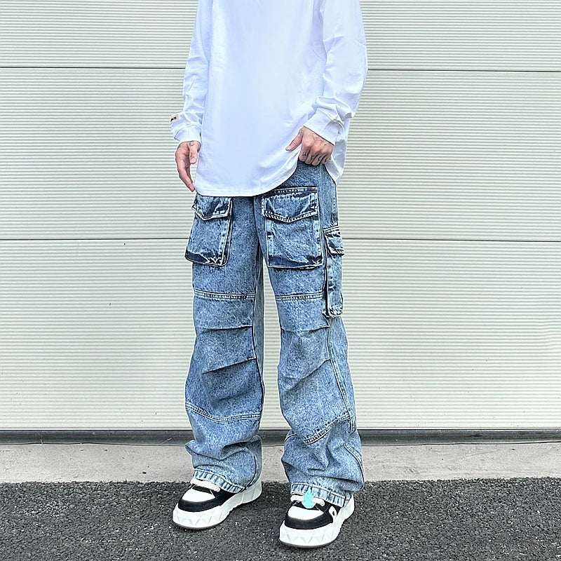 fashion loose streetwear cargo denim jeans unisex casual multi pocket wide legs jean pants hip hop joggers mens baggy jeans unique joggers style 1958