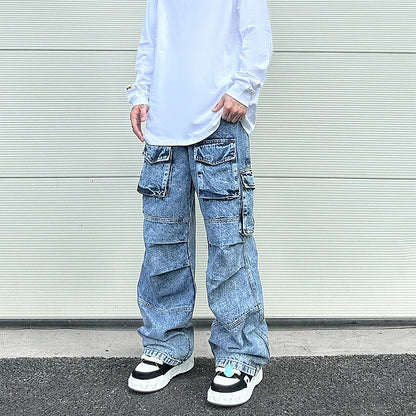 fashion loose streetwear cargo denim jeans unisex casual multi pocket wide legs jean pants hip hop joggers mens baggy jeans unique joggers style 1958