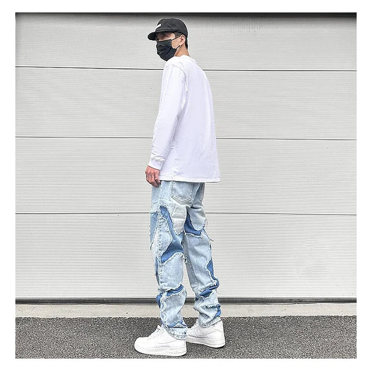 ripped irregular patchwork design denim jeans men casual zipper biker trousers jeans fashion streetwear hip hop pants joggers unique joggers style 2611