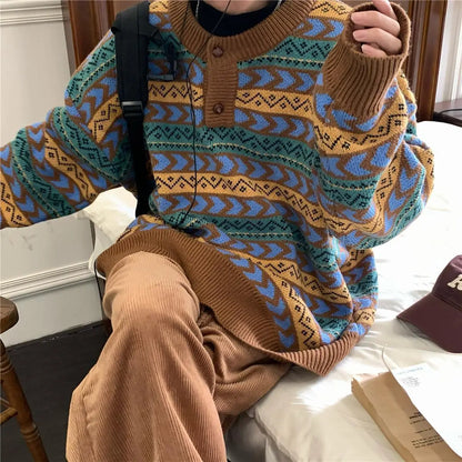 American autumn and winter men and women trendy personality lazy sweater couple loose retro casual round neck Harajuku knitted Street King Limited