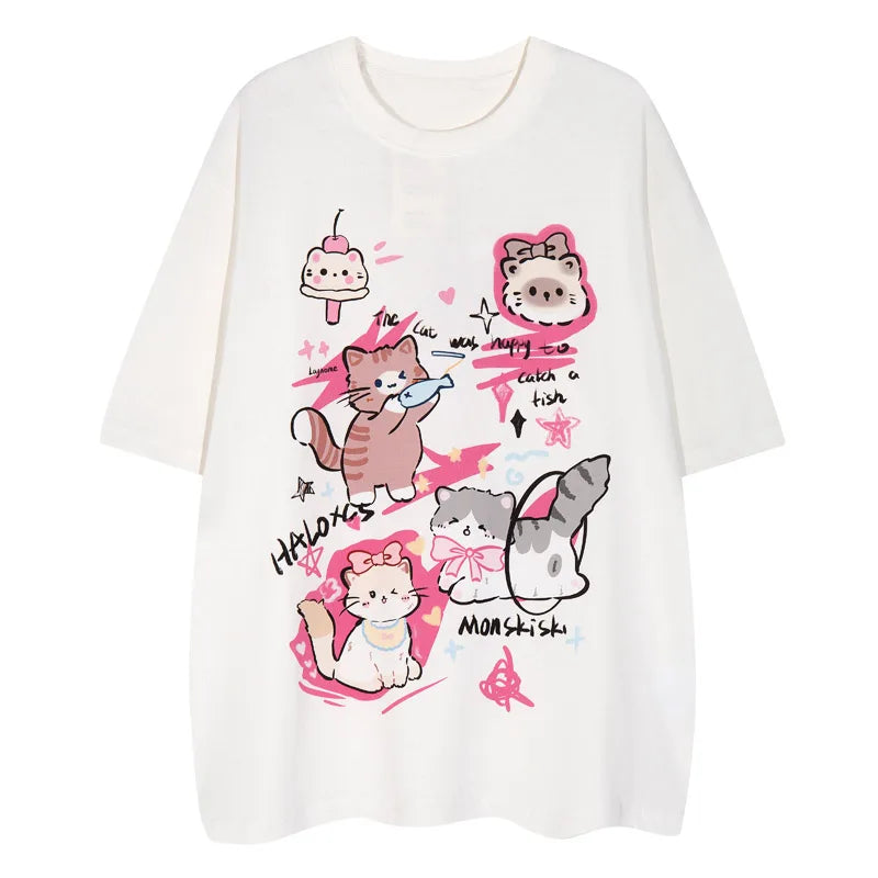 Men's Lovely Cat Printed T-Shirt Cartoon Hand-Painted Pet Tees High Street Trendy Hip-Hop Tops Oversized Loose Short Sleeves Street King Limited