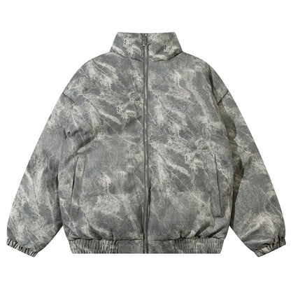 Men Padded Jacket Tie Dye Thickened Stand Collar Bubble Coat American Street Retro Parka Loose Casual Warm Outwear Unisex Street King Limited