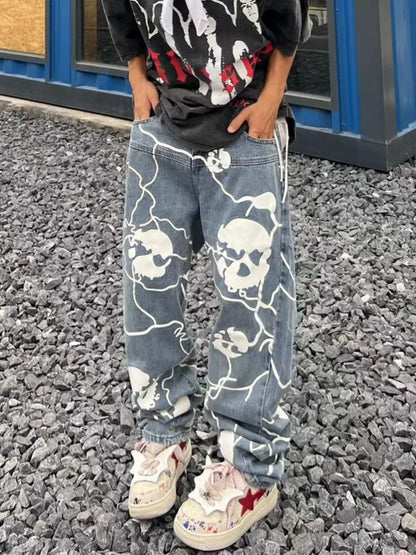 fashion lightning skull printed denim jeans mens unisex casual zipper straight jeans streetwear hip hop y2k jean pants joggers urban active pants