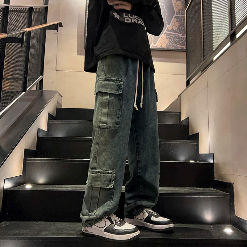Washed Distressed Cargo Pants High Street Style Men's Jeans Side Pockets Denim Wide-leg Trousers Casual Loose Trousers Street King Limited