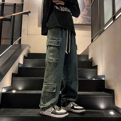 Washed Distressed Cargo Pants High Street Style Men's Jeans Side Pockets Denim Wide-leg Trousers Casual Loose Trousers Street King Limited