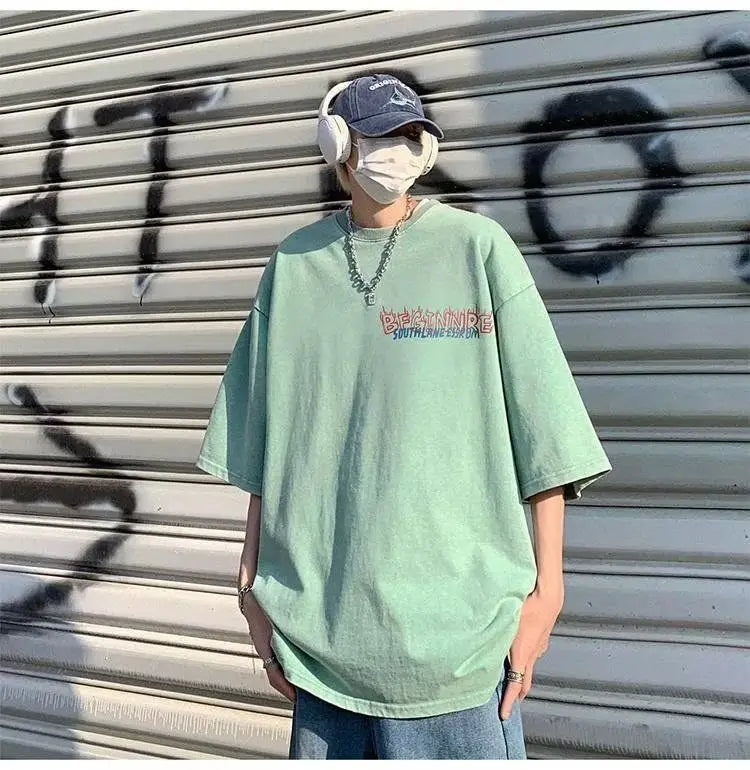 Short-sleeved T-shirt men's summer new style washed and distressed American retro handsome thin loose heavy cotton T-shirt tops Street King Limited