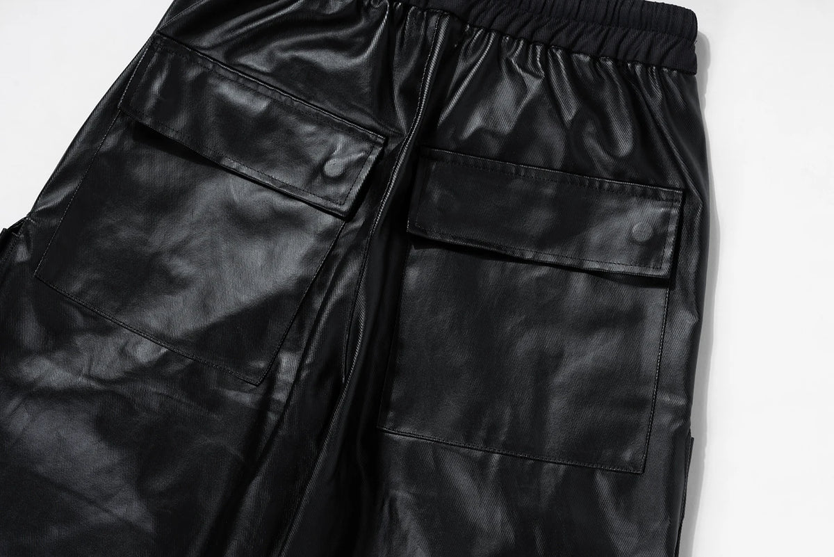 ro style matte pu leather pants for men high street y2k pantalones hombre baggy overall wide leg drawstring cargo pants unique cargo style 5475
