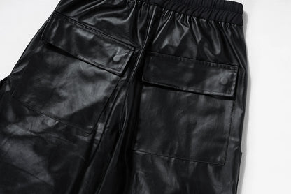 ro style matte pu leather pants for men high street y2k pantalones hombre baggy overall wide leg drawstring cargo pants unique cargo style 5475