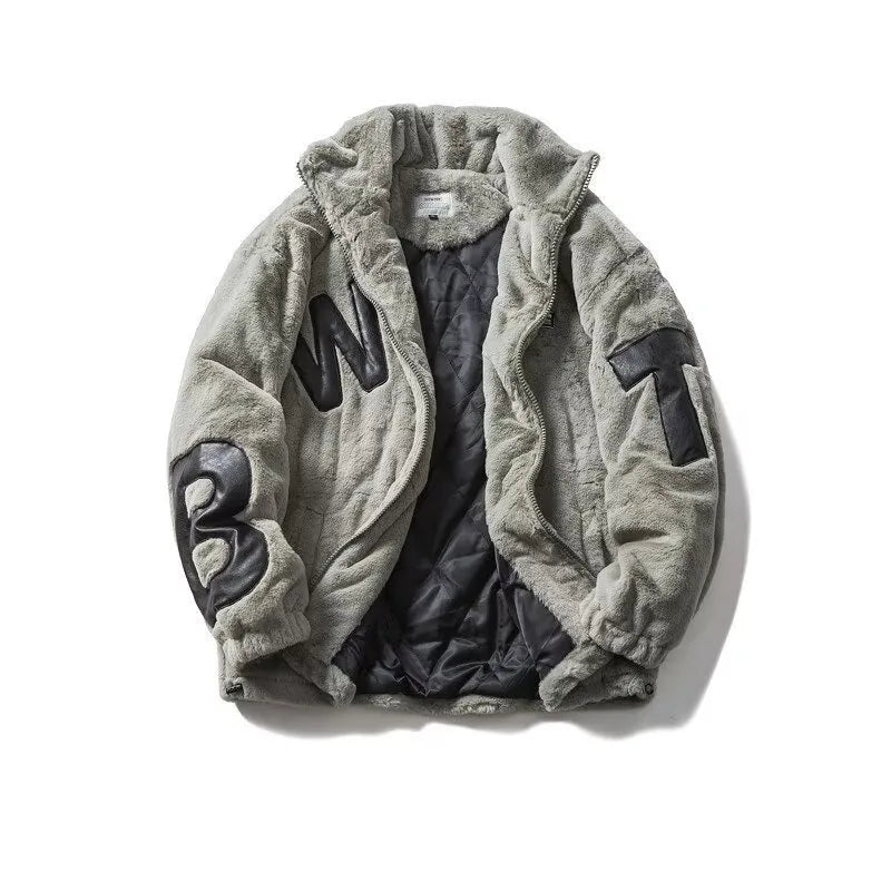 Street Lamb Wool Jacket Mens 2024 Winter Stand Collar Letter Patchwork College Parkas Fleece Warm New Thickening Couple Coats Street King Limited