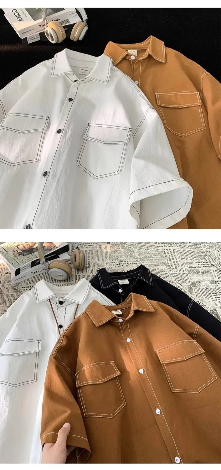 Retro trendy and personalized unisex style short sleeved men and women summer Korean street loose lapel couple work top y2k Street King Limited