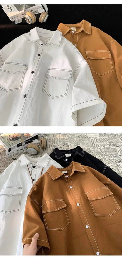 Retro trendy and personalized unisex style short sleeved men and women summer Korean street loose lapel couple work top y2k Street King Limited