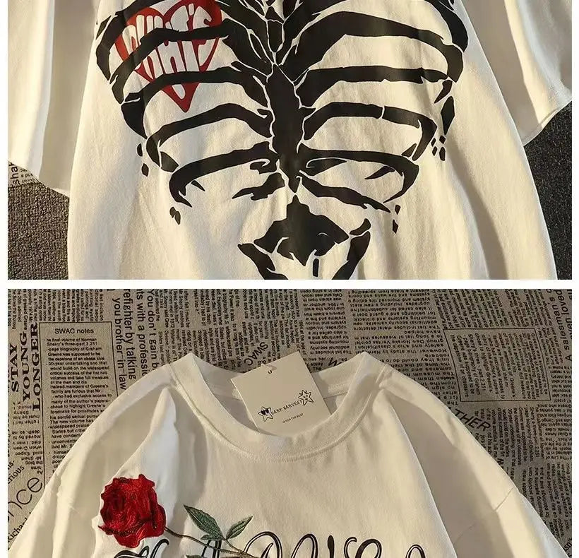 Pure cotton American retro dark skeleton short-sleeved T-shirts for men and women summer ins loose street style couple y2k tops Street King Limited