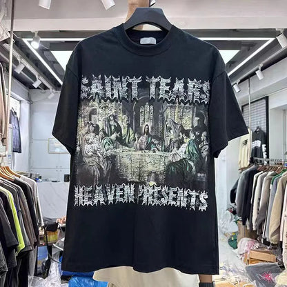 Summer New Chaopai Boxer Letter Print T-shirt Men Woman 1:1 Best Quality Loose Versatile Vintage O-Neck Tops Tee Street King Limited