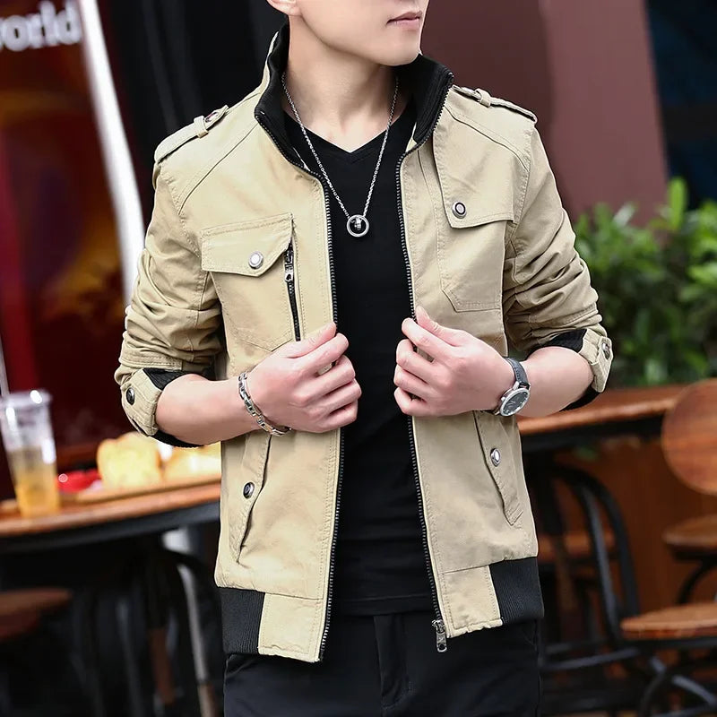 2024 spring autumn new mens jacket korean fashion stand up collar thick denim cargo pants pure cotton coat top clothes unique cargo style 4587