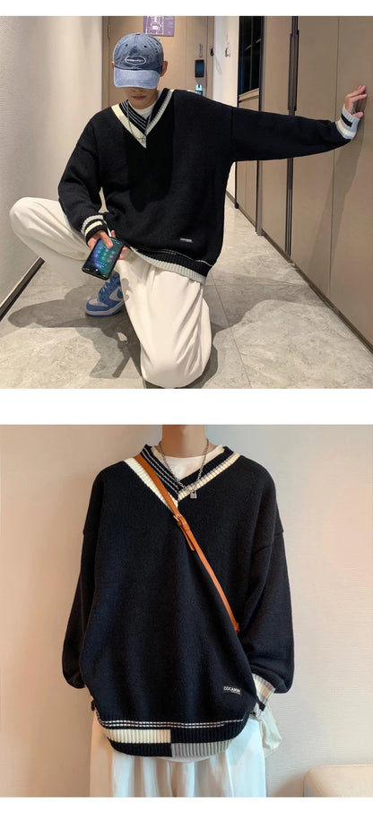 Pullovers Men Sweater Patchwork Ins Fashion Winter Design Couple V-neck Harajuku Knitwear Loose Students Simple Ropa Para Hombre Street King Limited