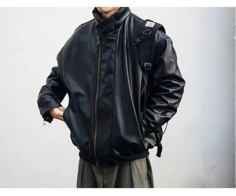 japanese street motorcycle set men thickened stand collar hip hop leather jacket harajuku casual pants 2 pcs bomber suit 2023 unique default style 4346