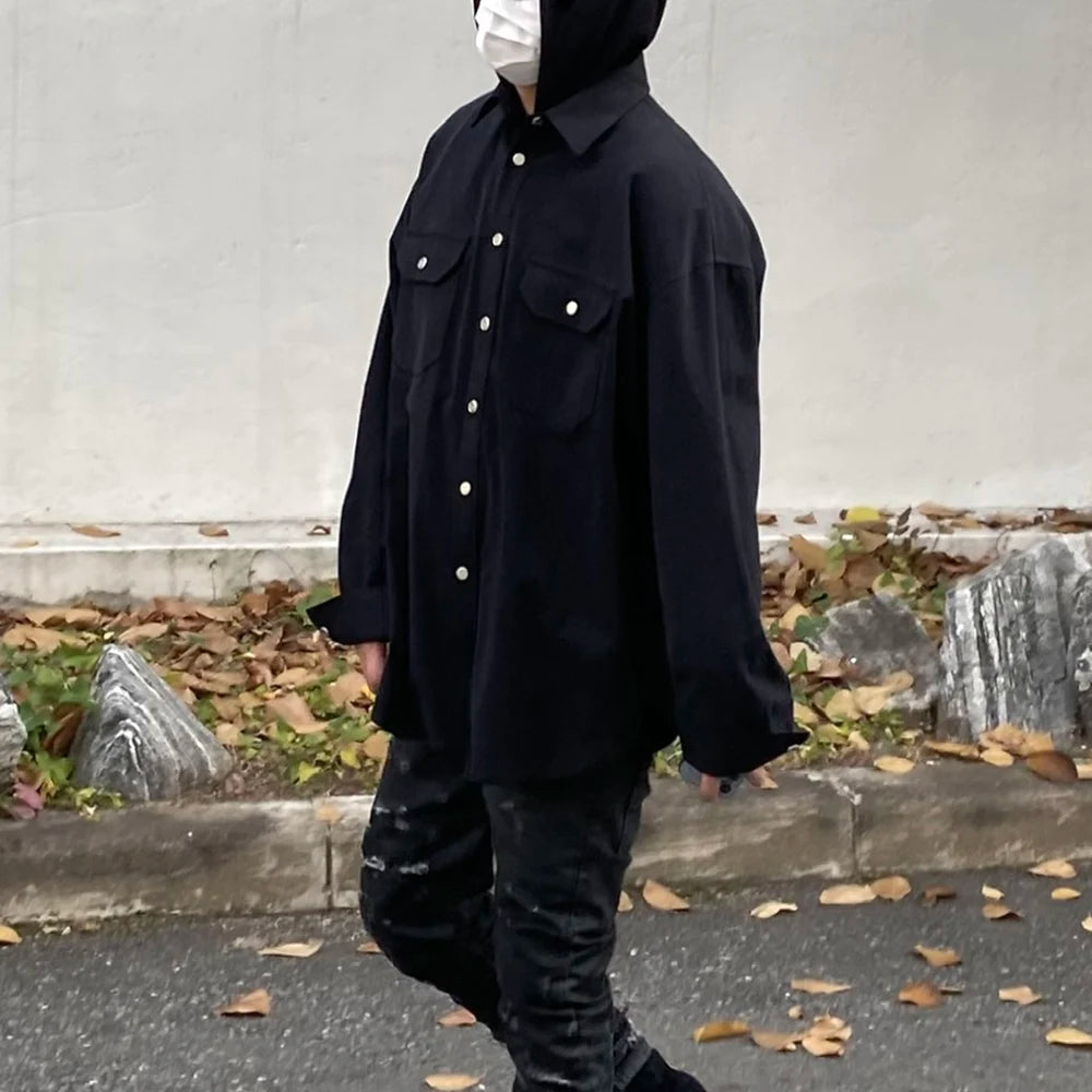 Back Zipper Vibe Style Black Long Sleeve Shirts Jackets for Men Streetwear Y2k Baggy Ropa Hombre Camisas Oversized Loose Coat Street King Limited