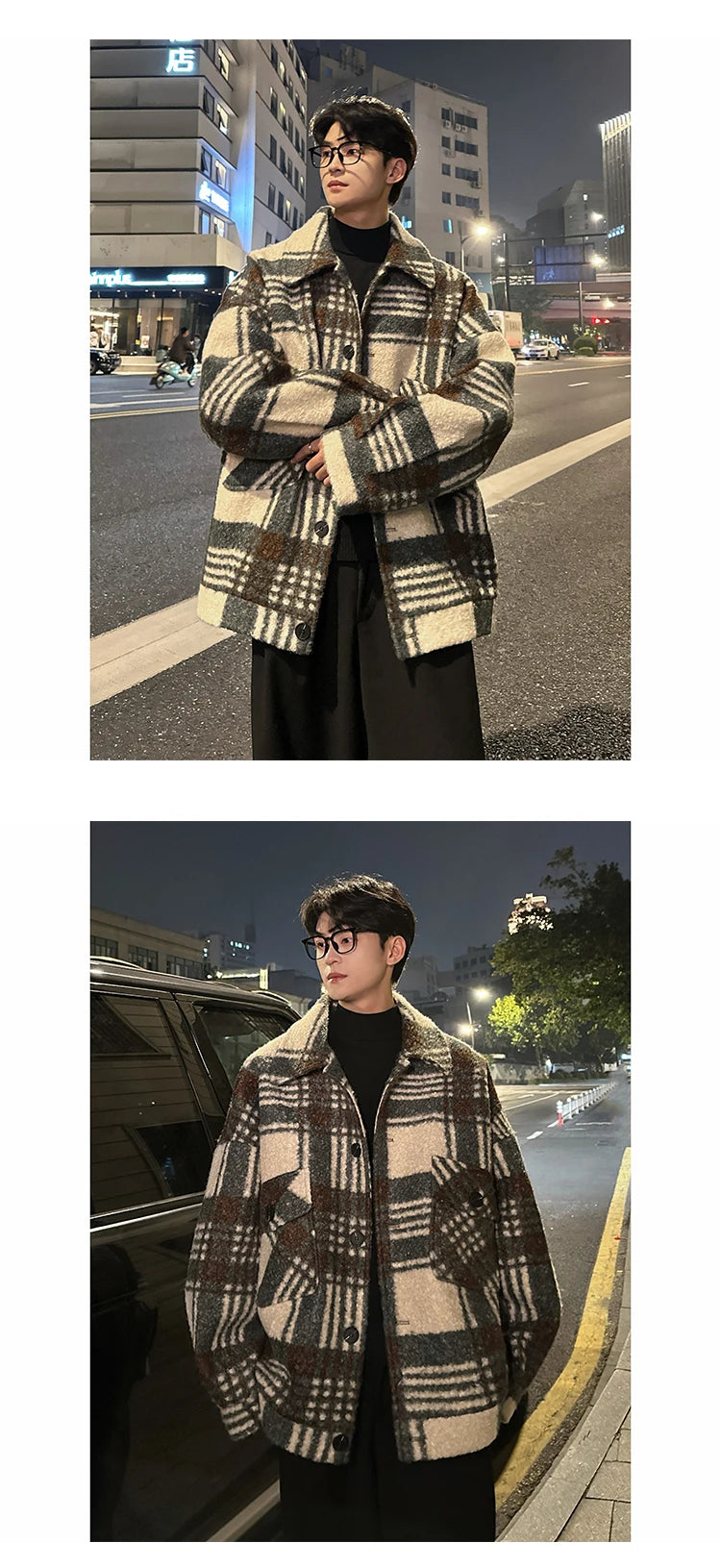 autumn winter campus boy plaid woolen coat men streetwear fashion loose casual retro thick jacket man bomber coat outerwear unique default style 947