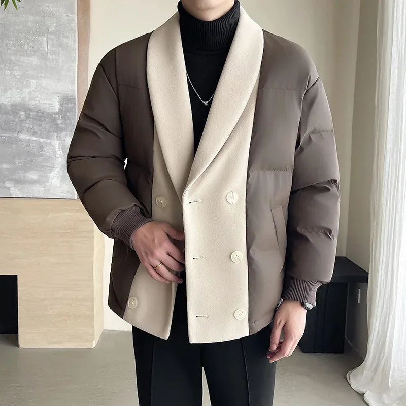 men winter woolen splice cotton padded business casual thicken warm jacket korean streetwear fashion parkas coat outerwear unique default style 1477