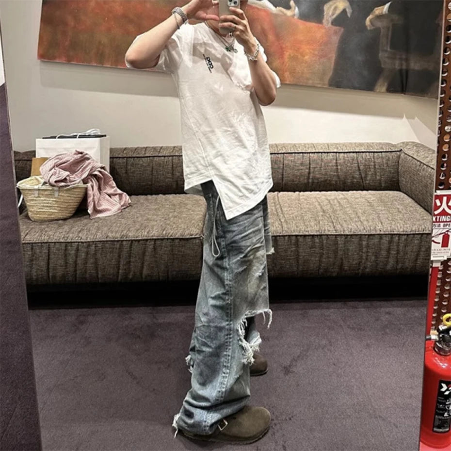 mens baggy jeans blue distressed ripped loose denim pants streetwear oversized hip hop jeans trousers unique jeans style 728