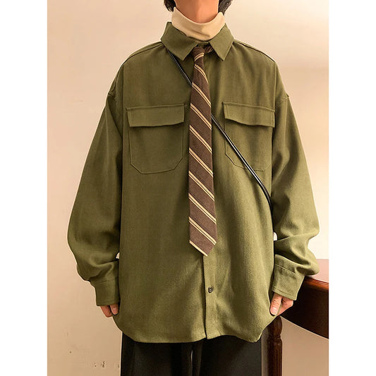 Spring Long Sleeved Shirt Men Fashion Retro Pocket Shirt Men Japanese Streetwear Loose Casual Shirt Mens Vintage Shirts M-3XL Street King Limited