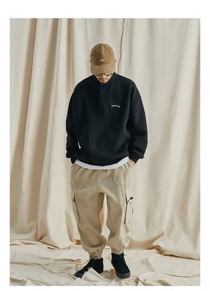 Trendy brand sweatshirt men's Japanese style loose stand collar hoodless pullover long sleeve versatile autumn and winter style Street King Limited