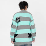 Men Sweater Rivet Stars Contrast Color Striped Jumper American Retro Loose Casual Pullover Harajuku O Neck Couple Knitwear Street King Limited