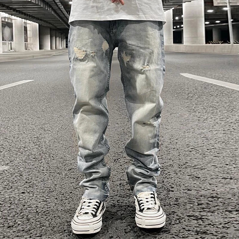 ripped hole distressed black blue washed mens jeans straight casual baggy pockets pencil pants streetwear loose denim trousers urban skinny jeans