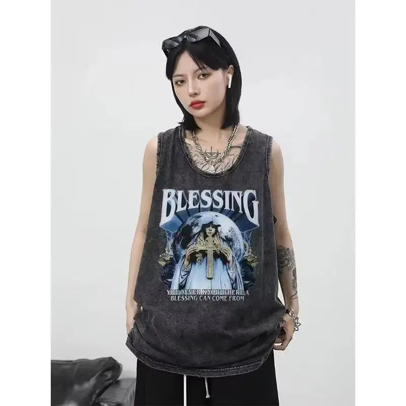 American pure cotton casual vest for outer wear hip-hop retro high street style trendy short-sleeved men's summer printed tops Street King Limited