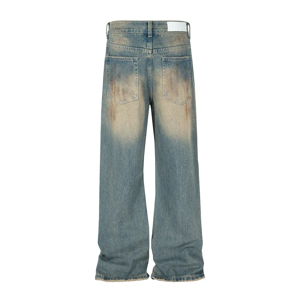 handmade distressed mud dyed dirty baggy blue jeans for men straight baggy casual overalls harajuku loose denim trousers denim street jeans