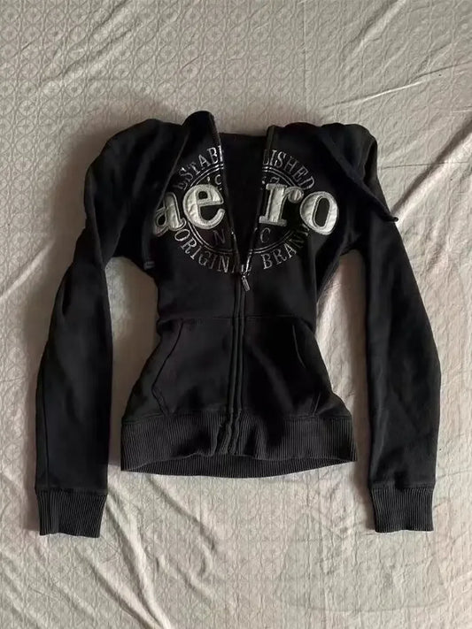 American retro jacket vintage design black hoodies women casual hoodie women autumn y2k tops new grunge versatile sweatshirts Street King Limited
