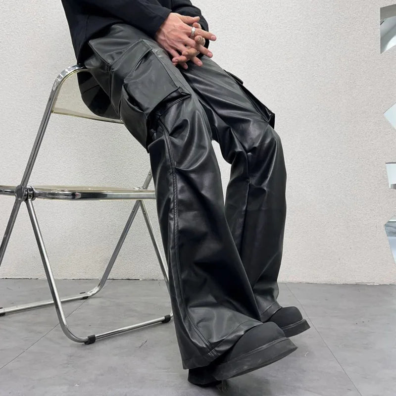 pu leather pants mens streetwear fashion hip hop vibe casual faux leather cargo flared pant men motorcycle trousers unique cargo style 2943