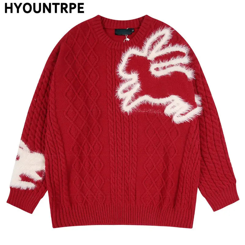Mens Streetwear Cable Sweater 2023 Fashion Rabbit Pattern Hip Hop Knitted Sweater Pullover Casual Cotton Sweater Unisex Clothes Street King Limited