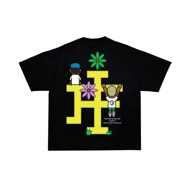 American Street Fashion Retro Cartoon Alphabet Print Short Sleeve Men T-shirt Y2k Goth Harajuku Fashion Casual Loose Shirt Street King Limited