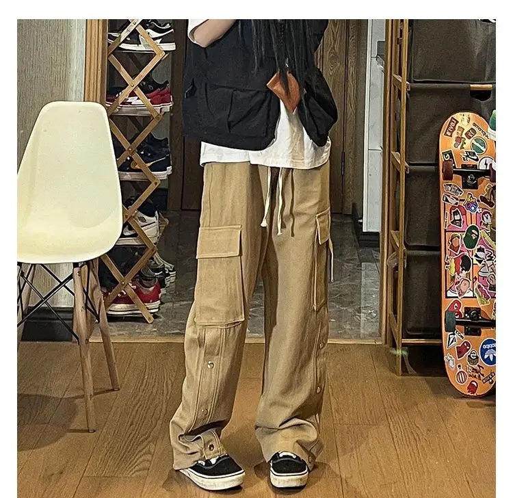 Fashionable Korean style gothic buttoned overalls pants men summer Harajuku street y2k hip hop casual retro sports pants Street King Limited