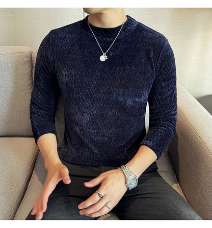 Autumn Winter Semi-turtleneck Stretch Slim Fit Long Sleeve Tshirt Men Thicken Velvet Jacquard Casual T-shirt Bottom T Shirt Street King Limited