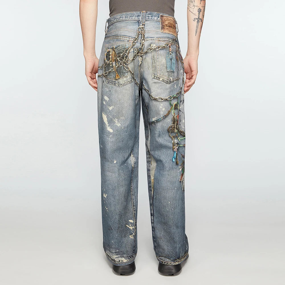 high street chain print frayed washed baggy jeans for men and women y2k casual loose denim trousers ropa hombre casual pants ripped baggy denim