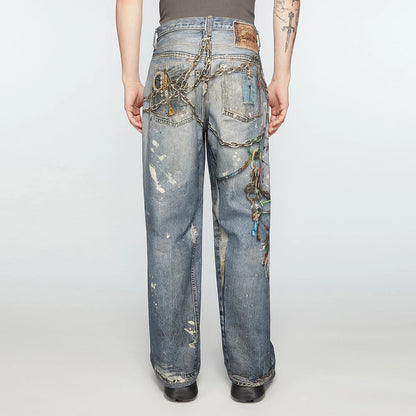high street chain print frayed washed baggy jeans for men and women y2k casual loose denim trousers ropa hombre casual pants ripped baggy denim