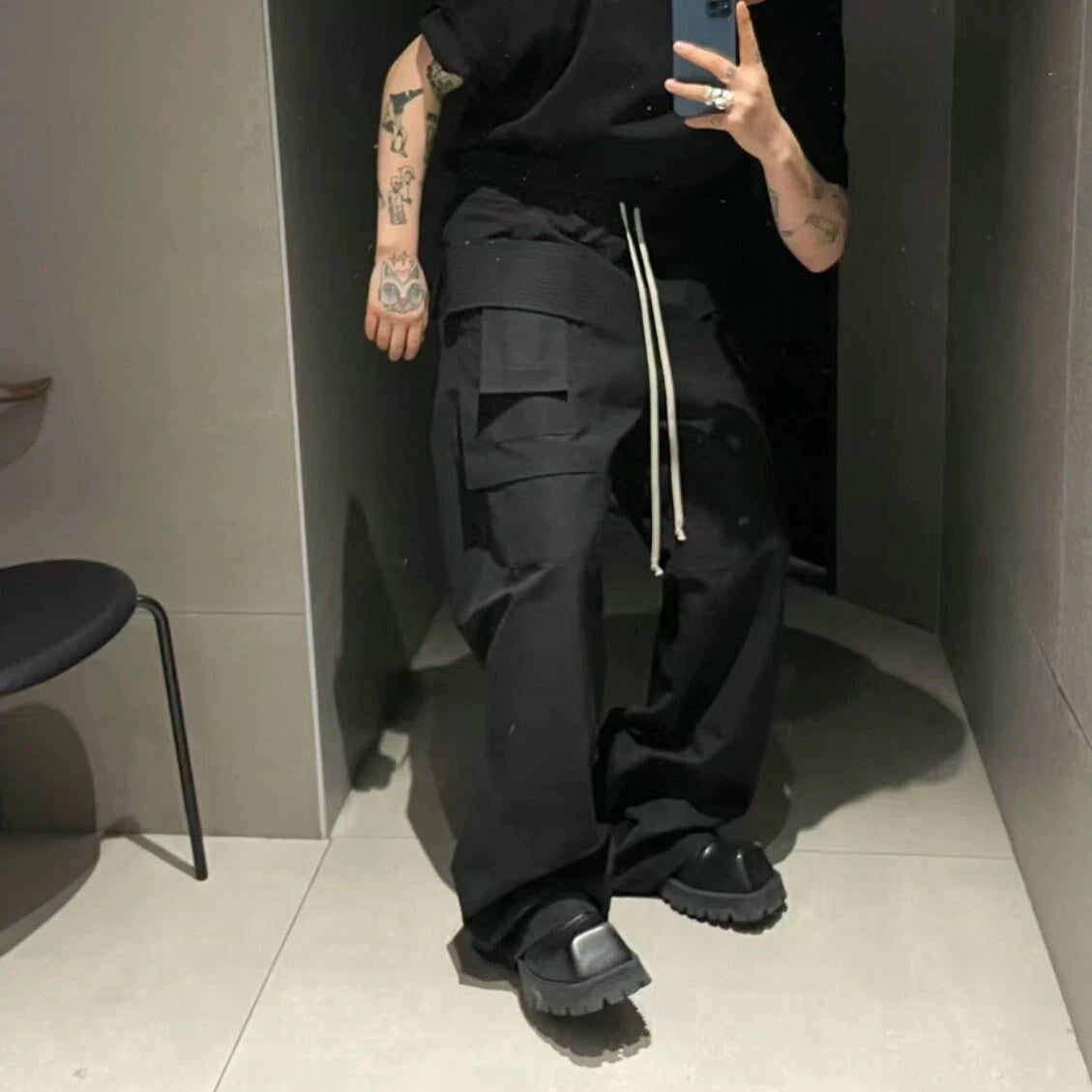 ro style double pockets drawstring wide leg cargo pants for men and women straight black baggy trousers oversized 1 multi-pocket cargos