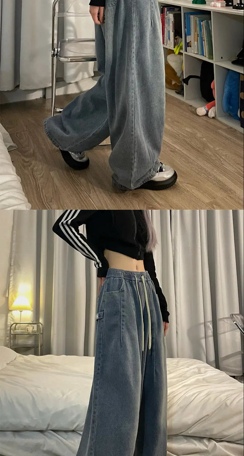 american retro trend personalized elastic band straight leg jeans for men and women loose and wide leg floor length casual pants unique jeans style 4536