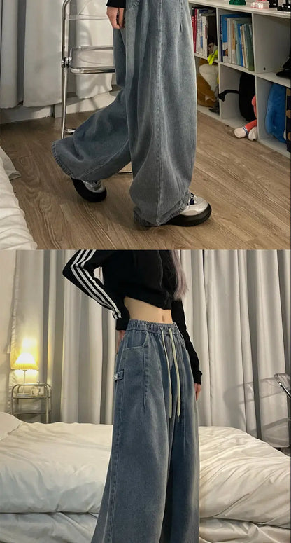 american retro trend personalized elastic band straight leg jeans for men and women loose and wide leg floor length casual pants unique jeans style 4536