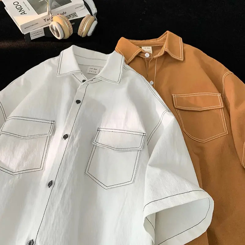 Retro trendy and personalized unisex style short sleeved men and women summer Korean street loose lapel couple work top y2k Street King Limited