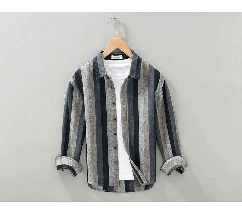 Linen Vertical Striped Long-Sleeved Shirt Men's Summer Thin Breathable Three-Quarter Sleeve Cotton And Linen Artistic Shirt Street King Limited