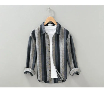 Linen Vertical Striped Long-Sleeved Shirt Men's Summer Thin Breathable Three-Quarter Sleeve Cotton And Linen Artistic Shirt Street King Limited