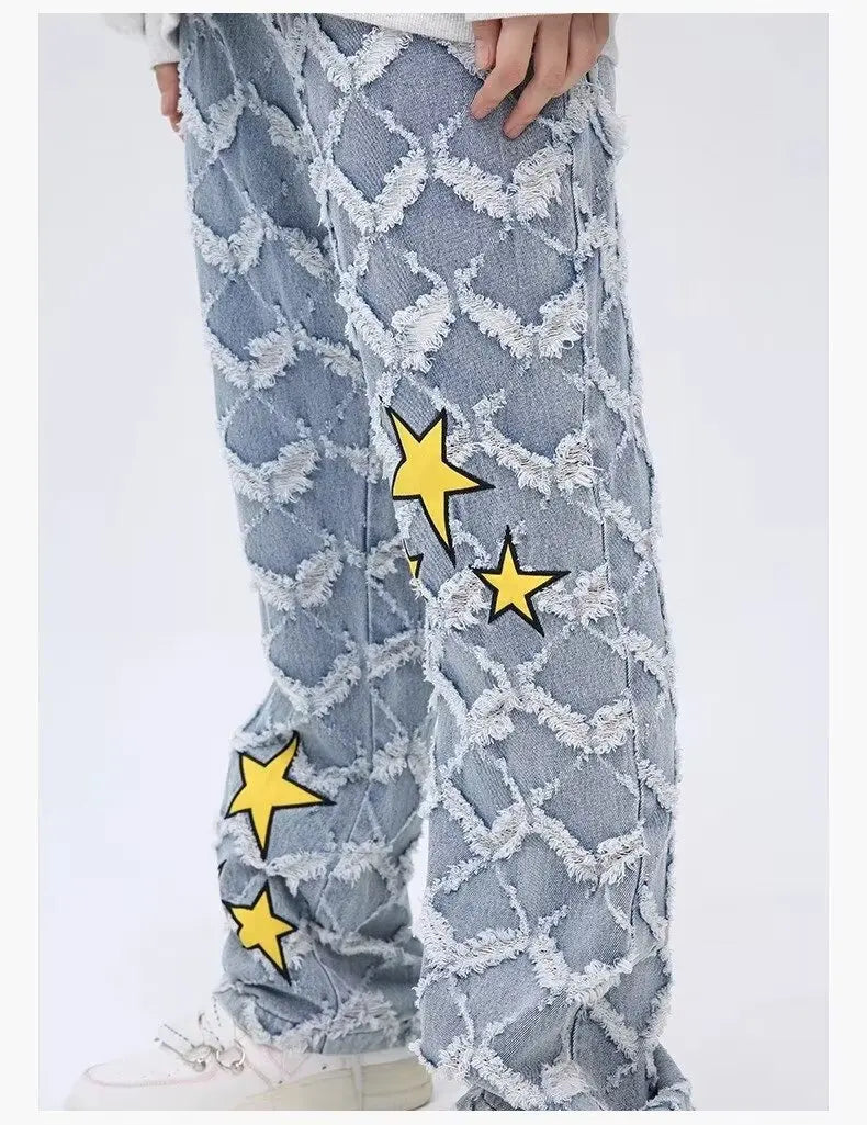 Y2K Star Embroidery Plaid Stacked Jeans Pants for Men Straight Women Hip Hop Denim Trousers Pantalon Homme Street Raw Edge Pant Street King Limited