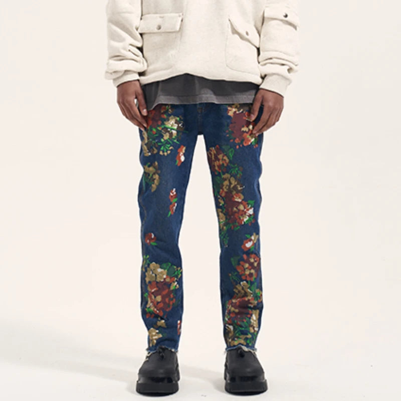 graffiti floral printed denim jean mens new casual zipper biker jeans fashion high street slim fit pants joggers hip hop jeans urban active pants