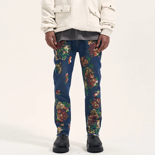 graffiti floral printed denim jean mens new casual zipper biker jeans fashion high street slim fit pants joggers hip hop jeans urban active pants
