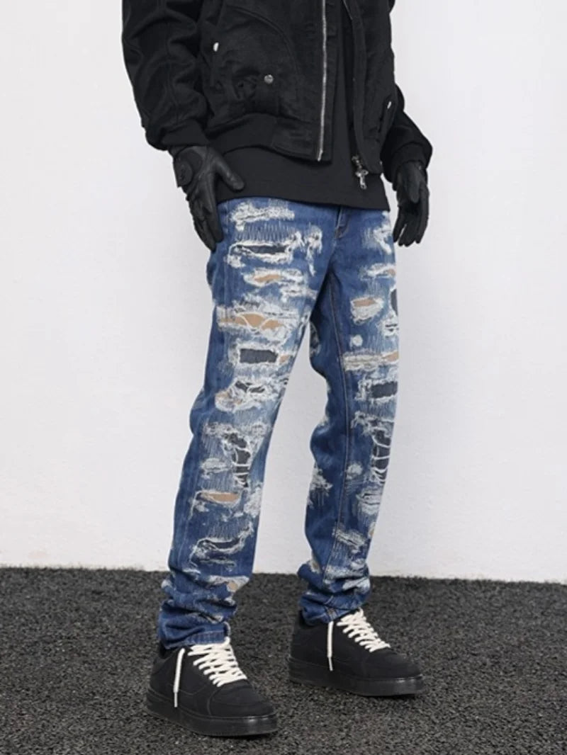 retro washed 3d printed fake distressed jeans hip hop denim pants streetwear jean pants mens harajuku cotton trousers joggers casual joggers
